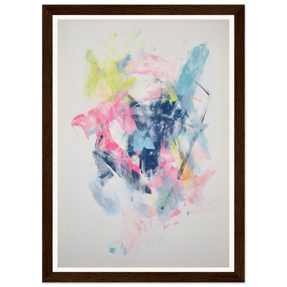 Framed wall art with abstract pink, blue, and yellow strokes in a brown frame.