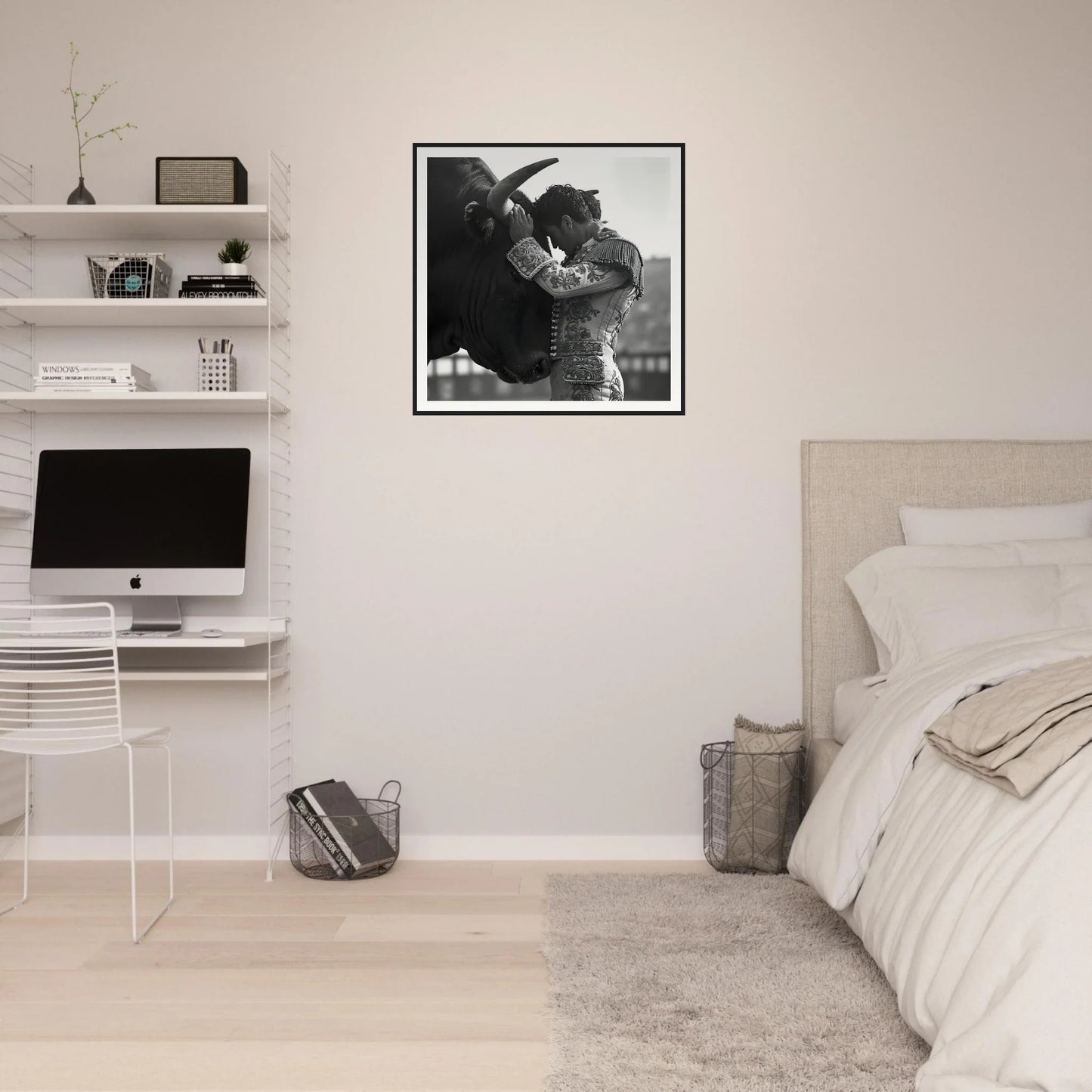 Minimalist bedroom design featuring floating shelves and an iMac in Beastly Symbiosis Reverie