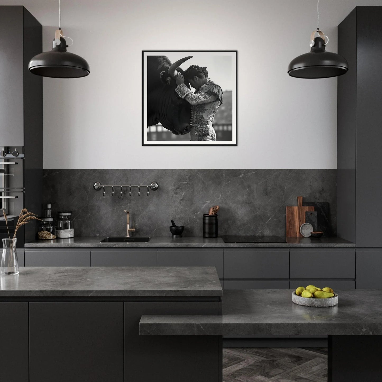 Modern dark gray kitchen showcasing Beastly Symbiosis Reverie with industrial pendant lights