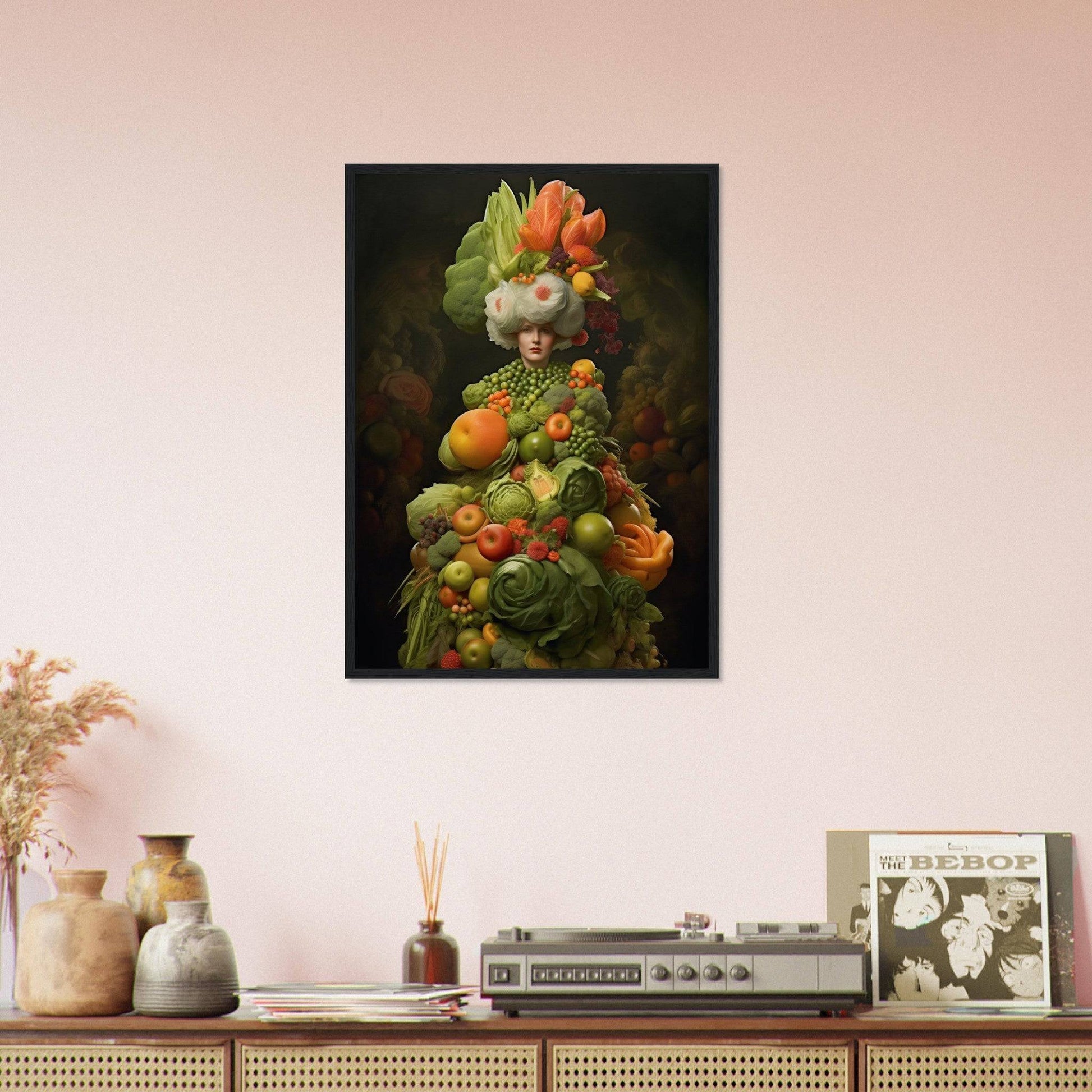 Surreal portrait composed entirely of fruits and vegetables arranged to resemble a human figure.