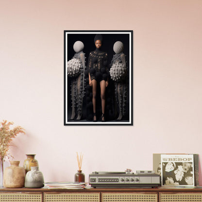 Framed photograph featuring a central figure flanked by two ornate, textured forms against a dark background.