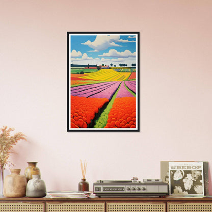 Framed colorful painting of tulip fields in the Netherlands.