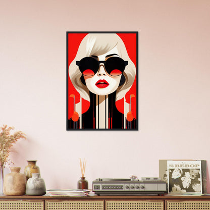 Stylized pop art portrait of a woman with sunglasses and red lips against a vibrant red background.