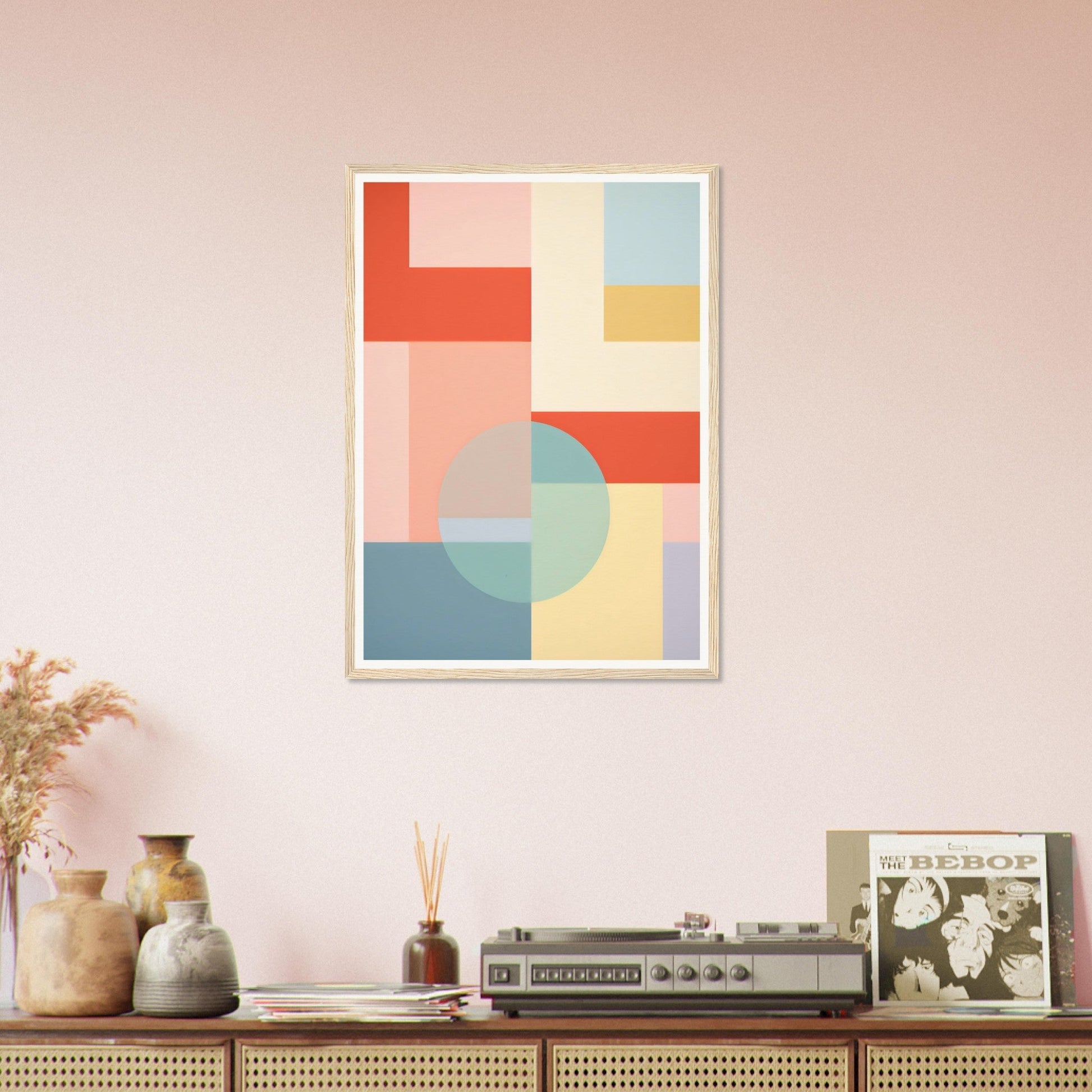 Abstract geometric artwork featuring colorful shapes and blocks in pastel tones.