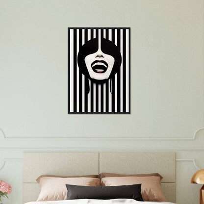 A bed with a black and white striped wall