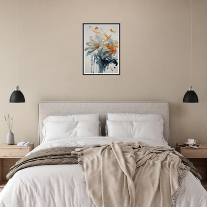 A bed with a white comforter and a painting on the wall