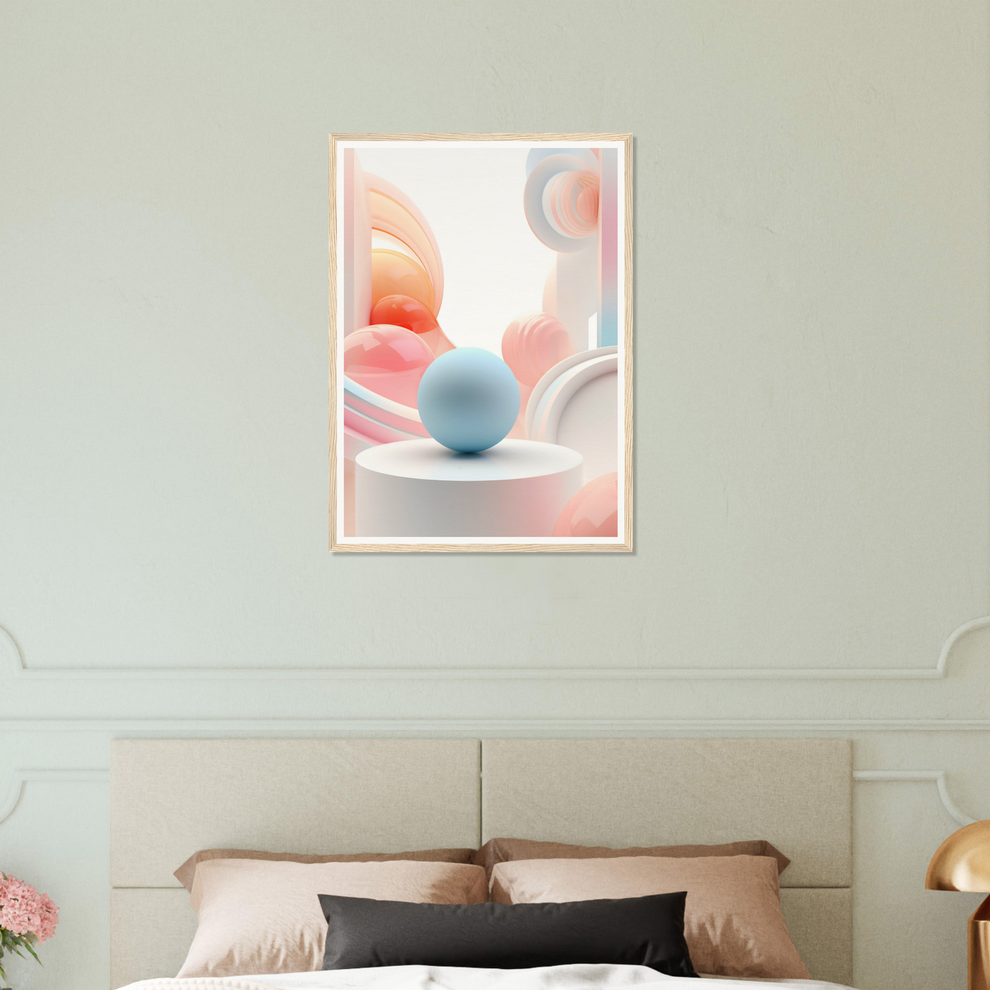 A bed with a white headboard and a pink and blue painting on the wall