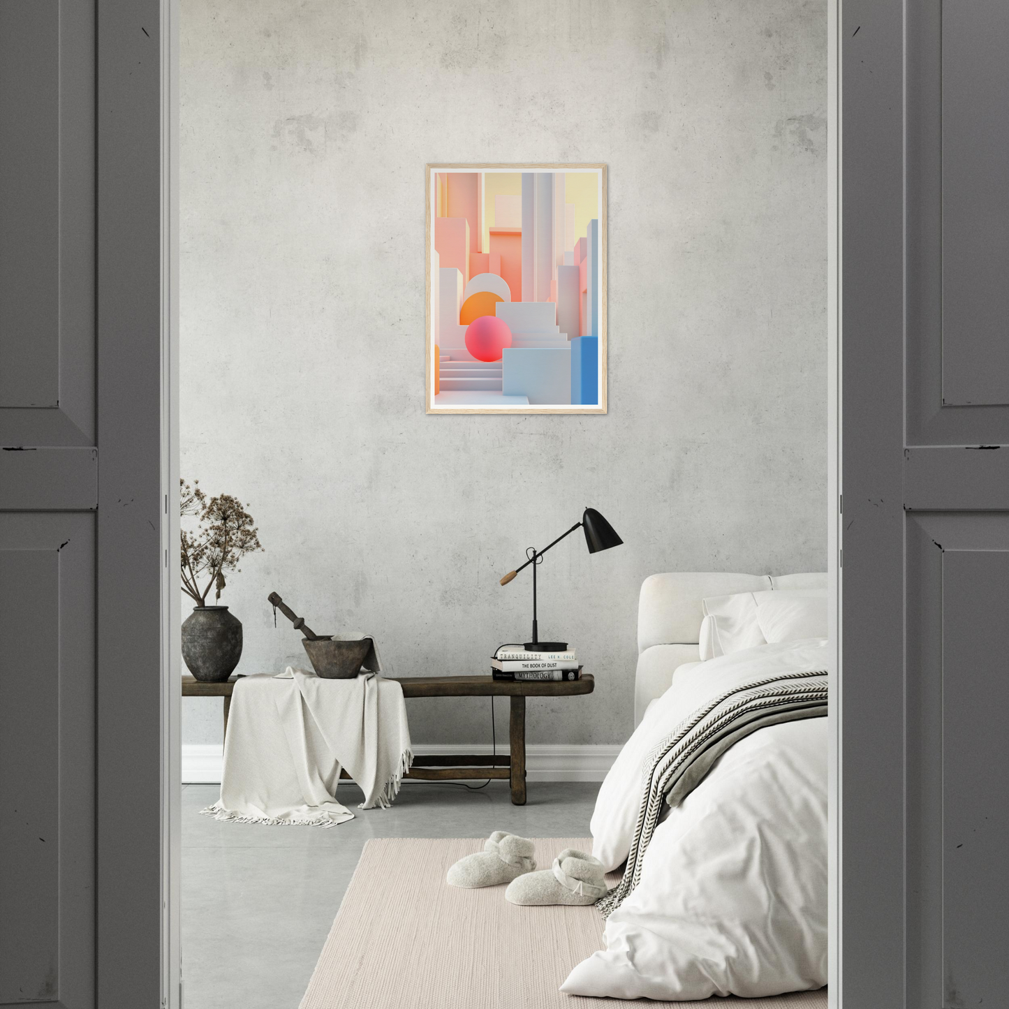 A bedroom with a bed, a painting and a lamp