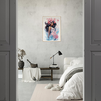 A bedroom with a bed and a painting on the wall