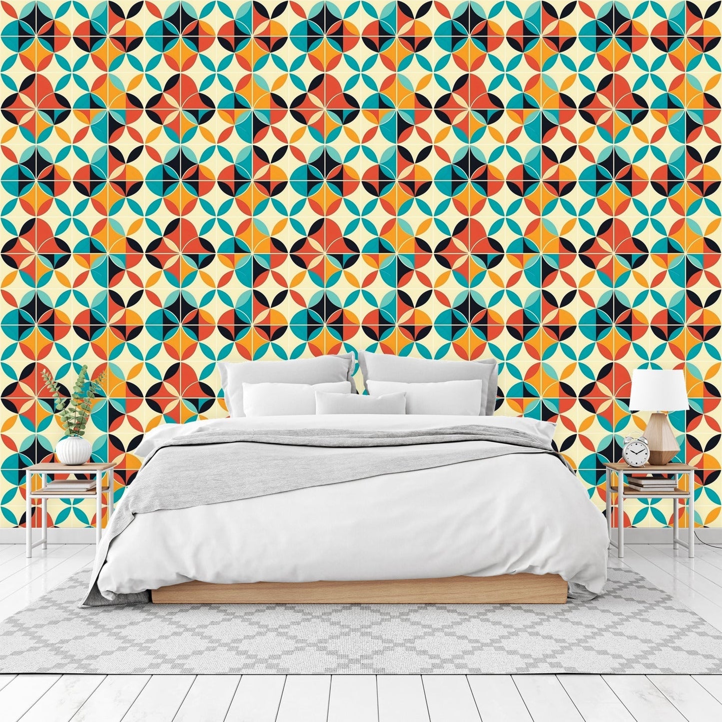 A bedroom with a colorful wallpaper and a bed