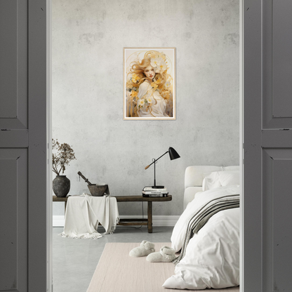 A bedroom with a large painting on the wall