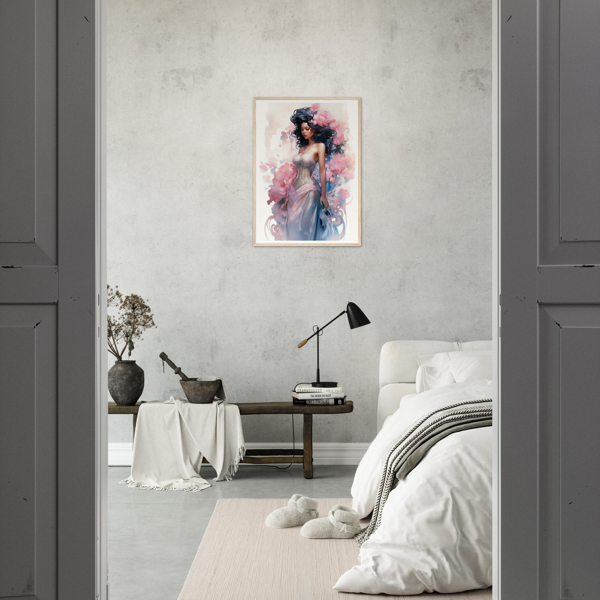 A bedroom with a large painting on the wall