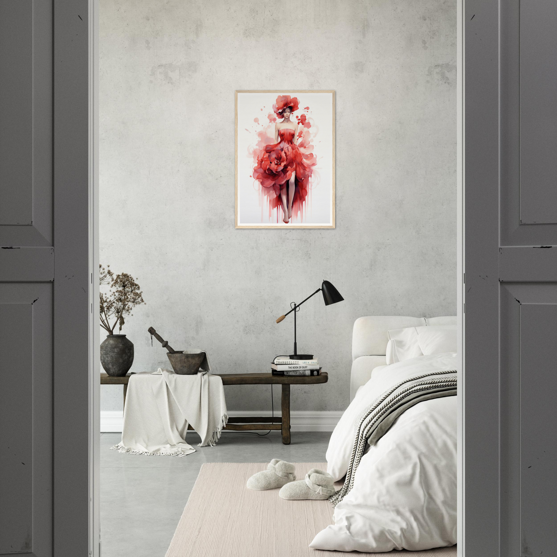 A bedroom with a large wall art piece hanging above the bed