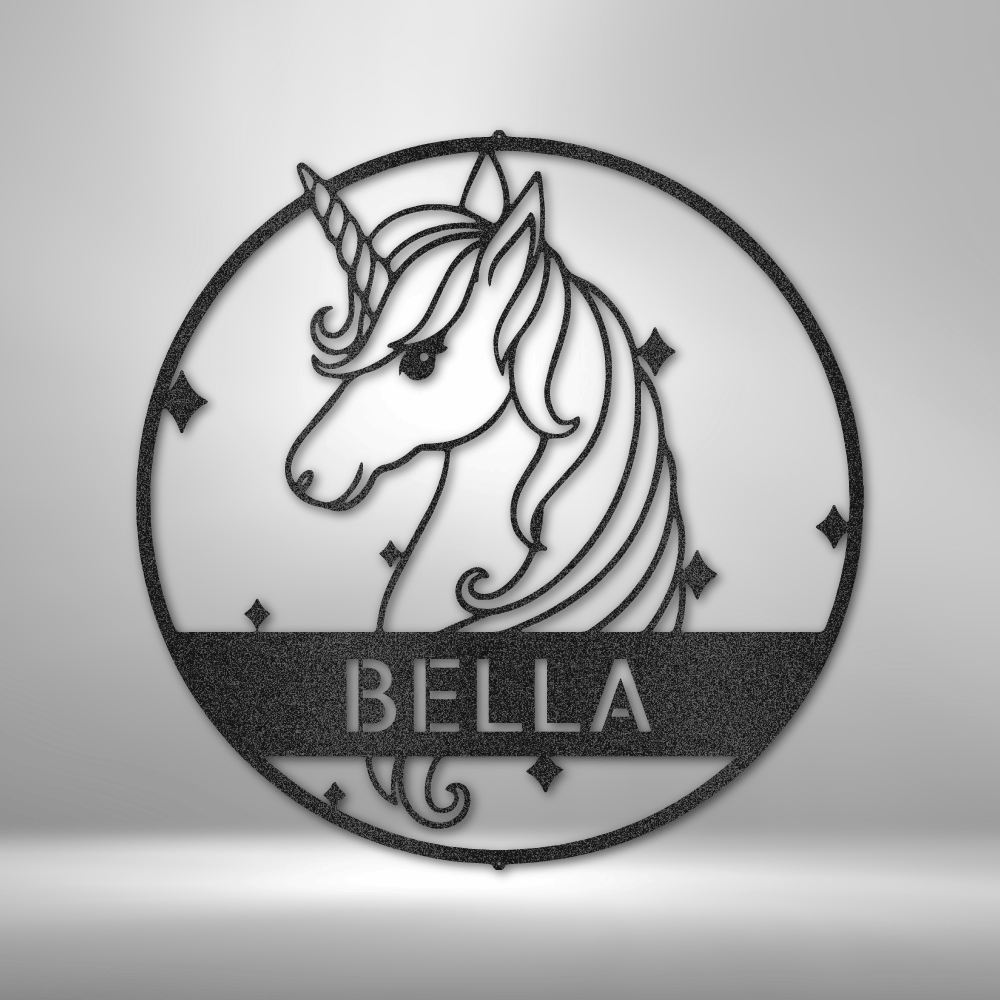 Circular metal wall art featuring a unicorn profile and the name ’BELLA’.