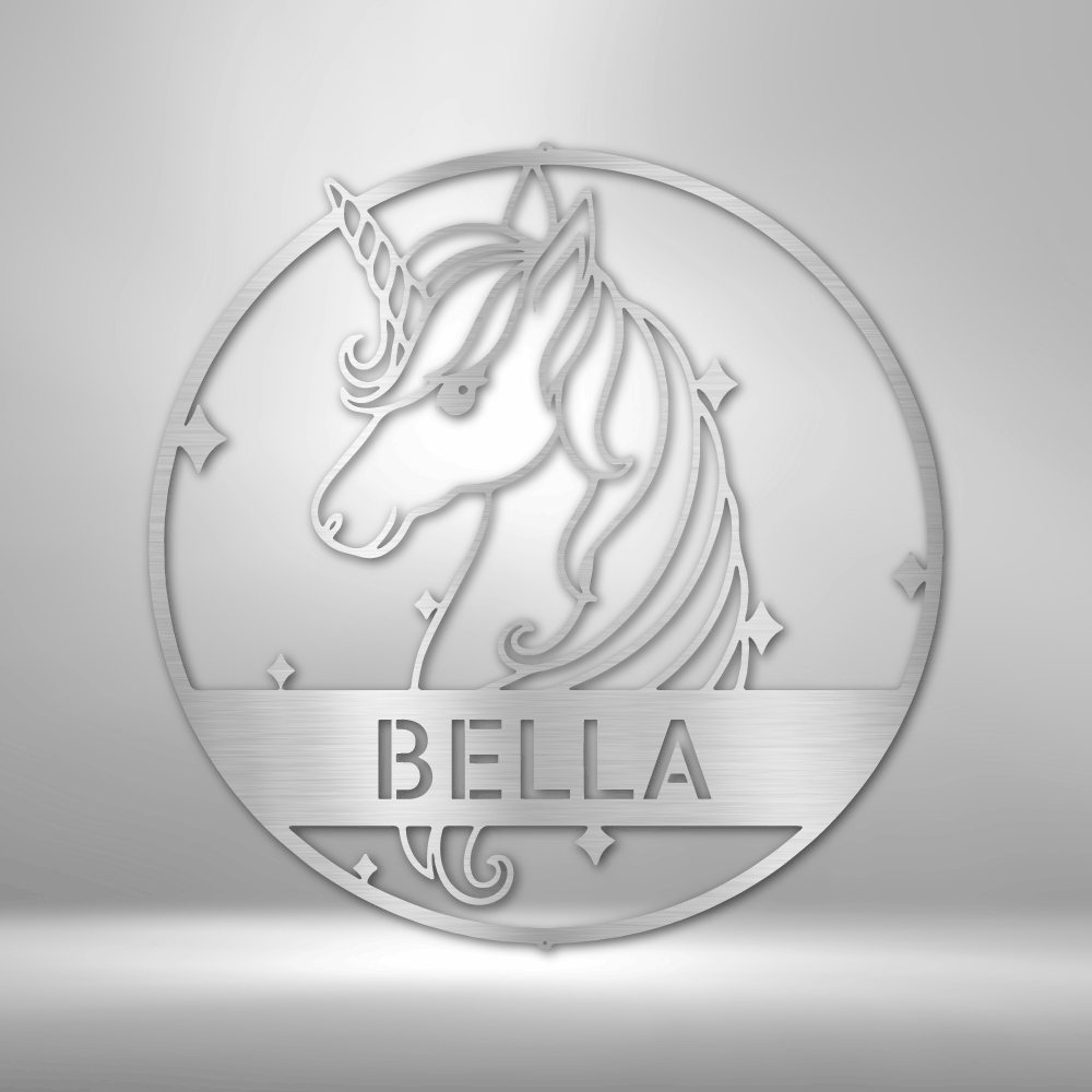 Circular emblem featuring a unicorn profile with the name ’BELLA’ underneath.