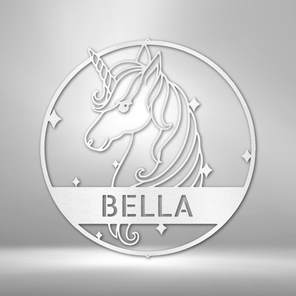 Circular emblem featuring a unicorn profile with the name ’BELLA’ underneath.