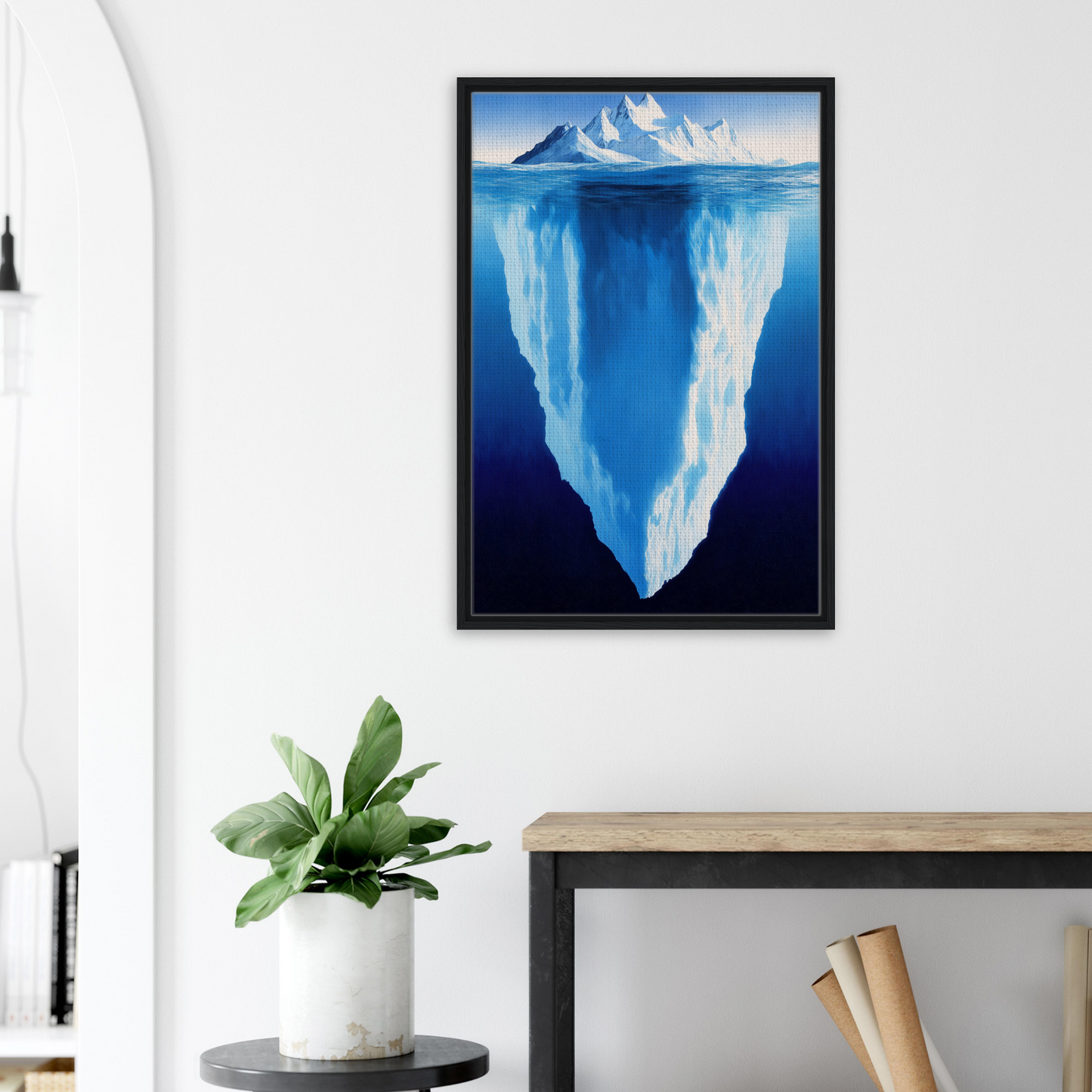 Framed artwork of an iceberg illustrating Beneath Bluetide Illusions for elegant room decor