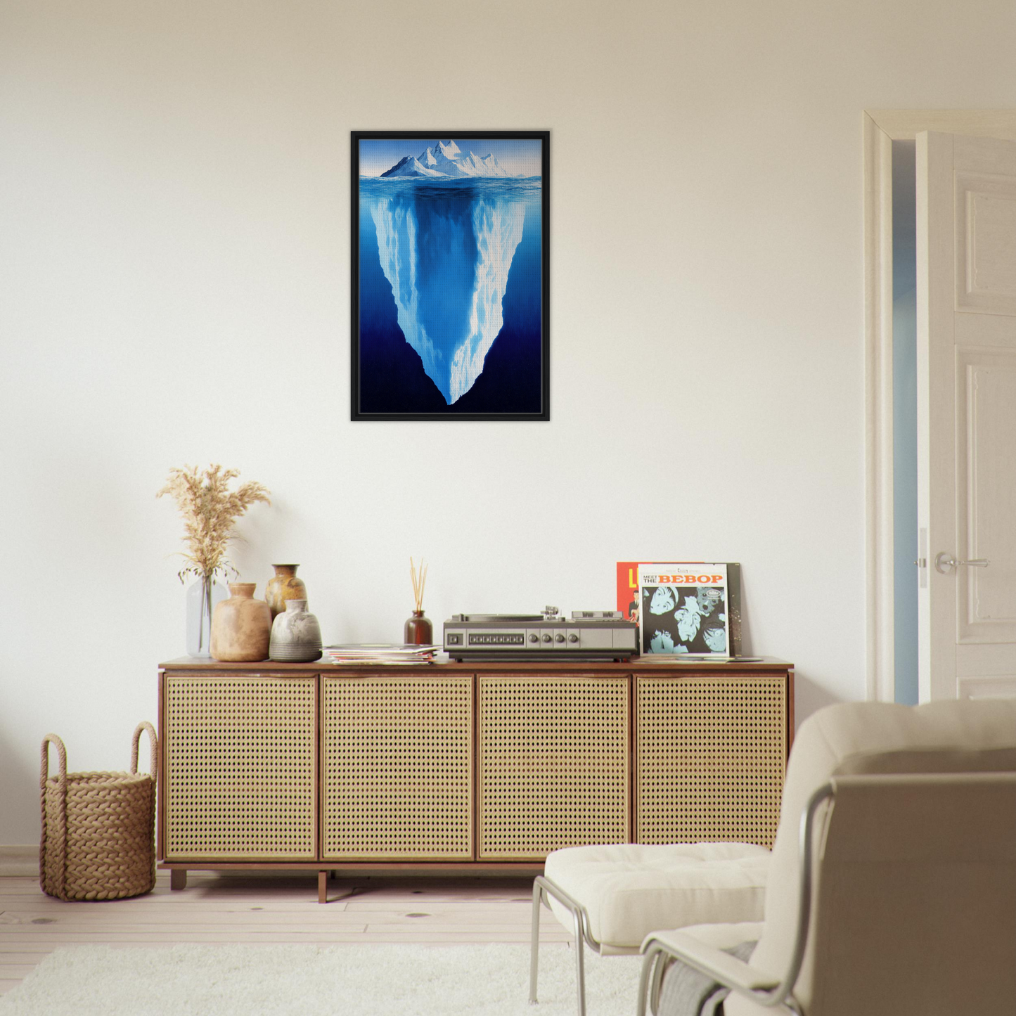 Framed painting of iceberg above and below water for Beneath Bluetide Illusions room decor