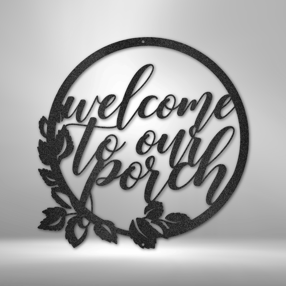 Circular wall decoration with cursive text reading ’welcome to our porch’ and floral accents.