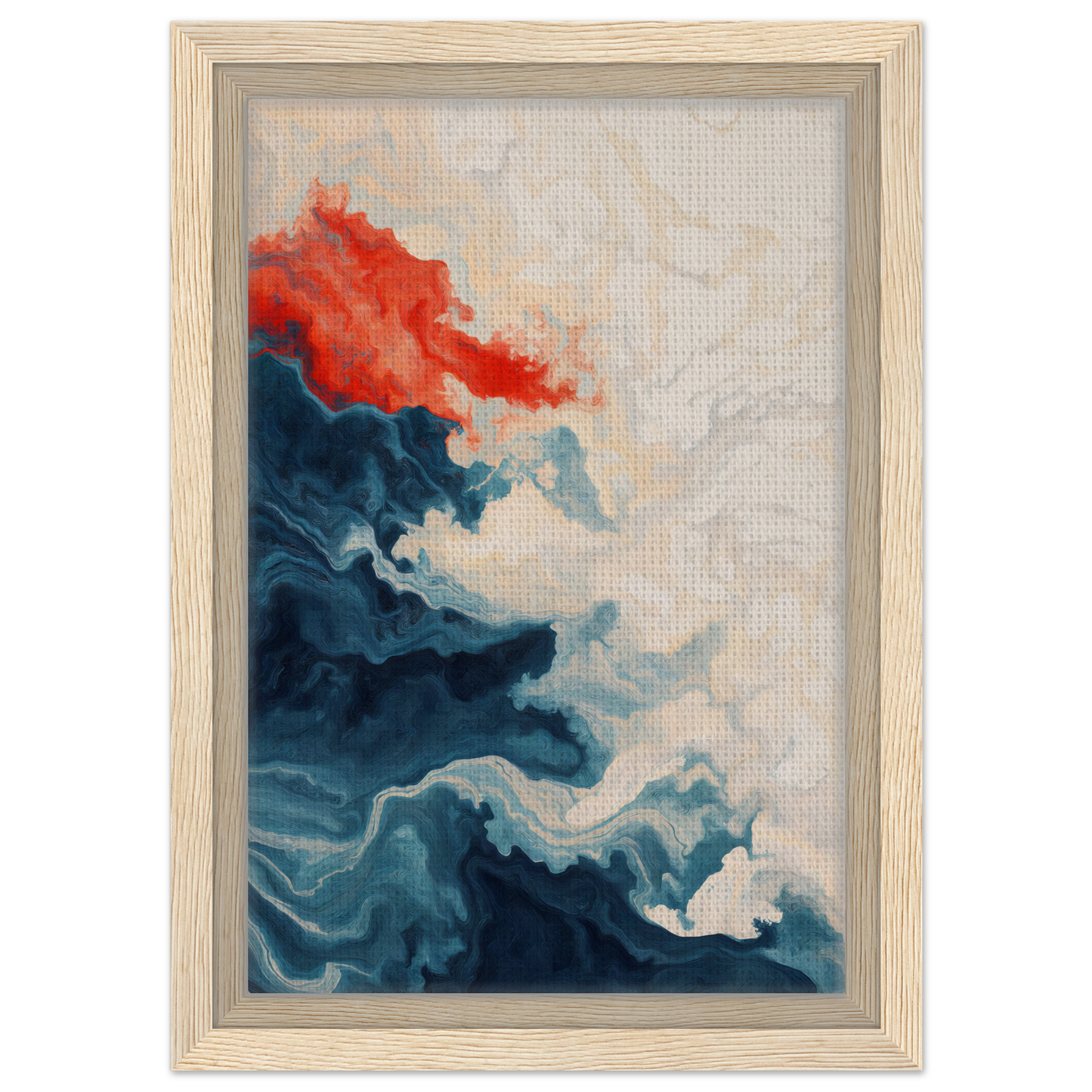 Abstract painting in wooden frame featuring swirling blue and red patterns, Between Whirling Edges