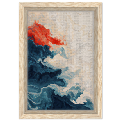 Abstract painting in wooden frame featuring swirling blue and red patterns, Between Whirling Edges