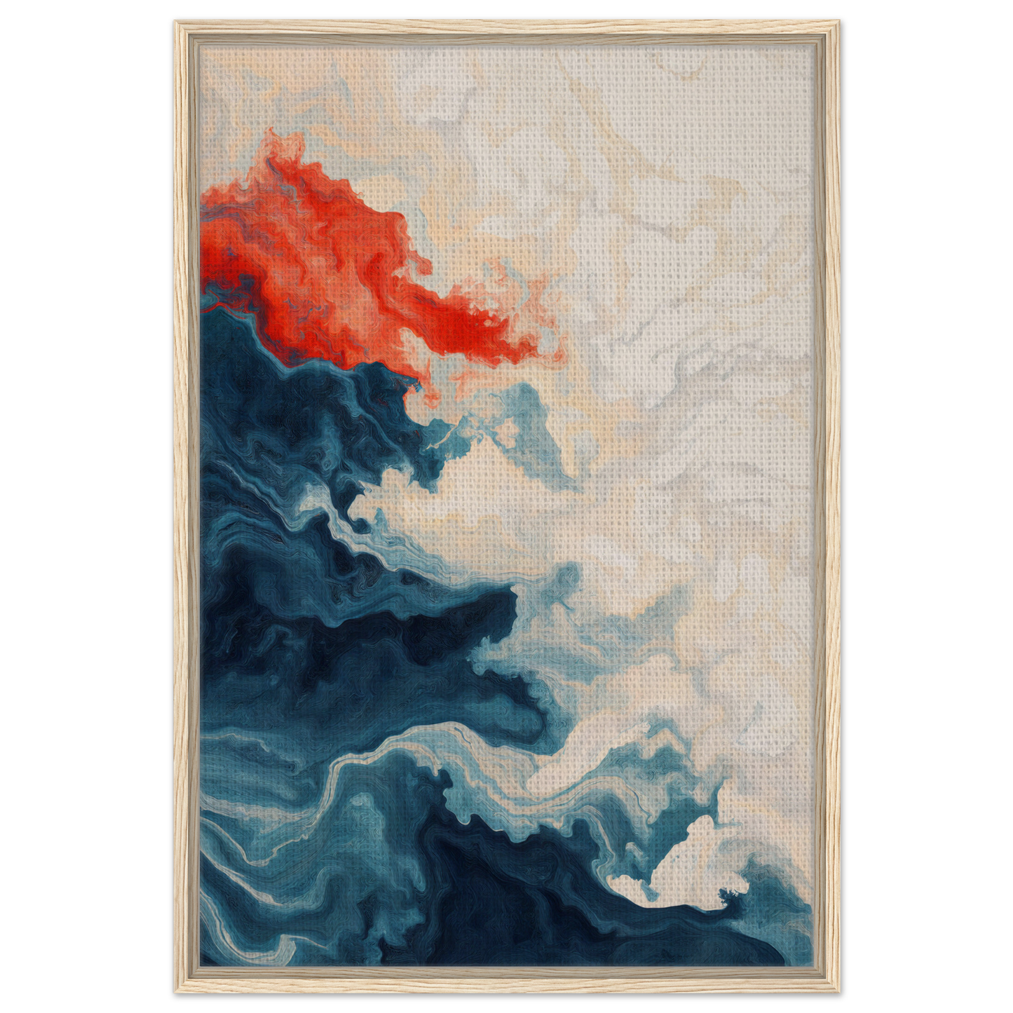 Abstract painting with swirling blue tones and vibrant red accent for Between Whirling Edges room decor