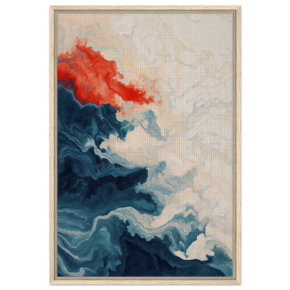 Abstract painting with swirling blue tones and vibrant red accent for Between Whirling Edges room decor