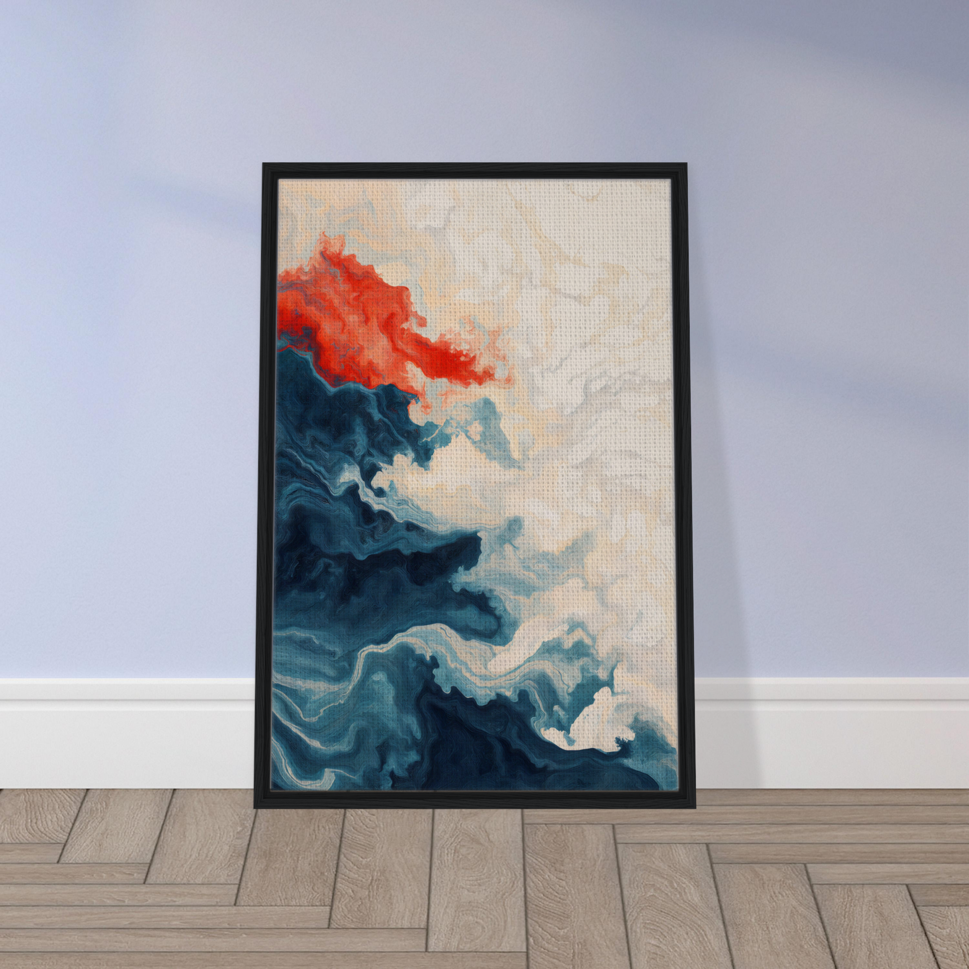 Framed abstract painting featuring swirling blue and red patterns for room decor, Between Whirling Edges