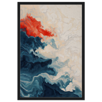 Abstract painting with swirling blue and red forms on light background for Between Whirling Edges