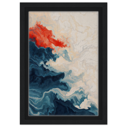 Abstract painting of swirling blue and red shapes for Between Whirling Edges room decor