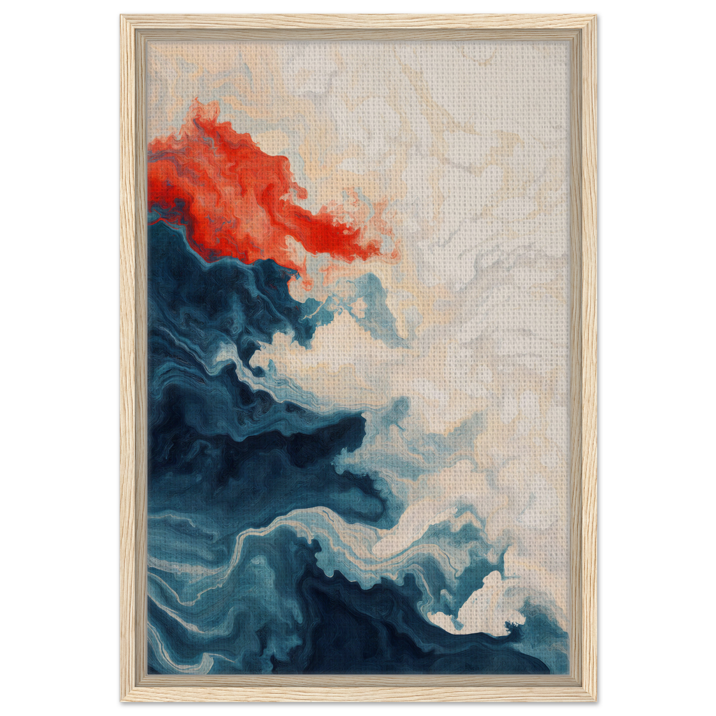 Abstract painting of swirling blue and red shapes for Between Whirling Edges framed canvas print