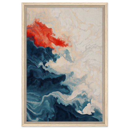 Abstract painting of swirling blue and red shapes for Between Whirling Edges framed canvas print