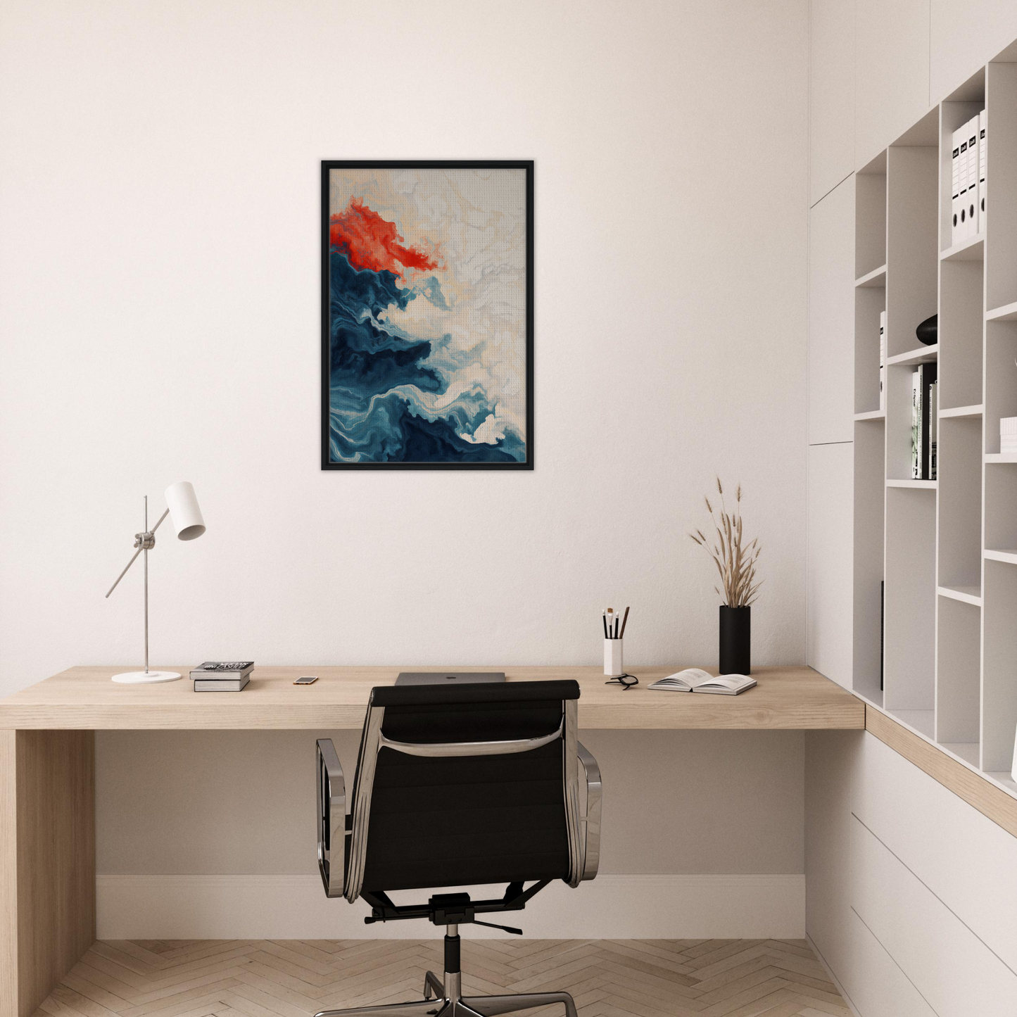 Minimalist home office featuring Between Whirling Edges framed canvas print on wooden desk