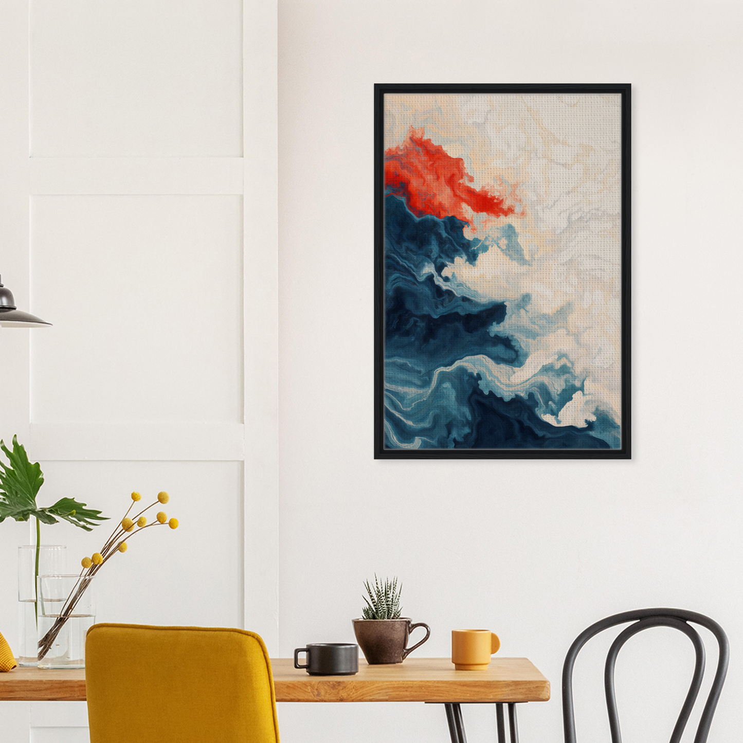 Abstract painting of swirling blue and red hues in a black frame titled Between Whirling Edges