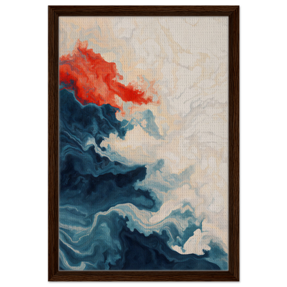 Abstract painting of swirling blue and red shapes for Between Whirling Edges framed canvas print