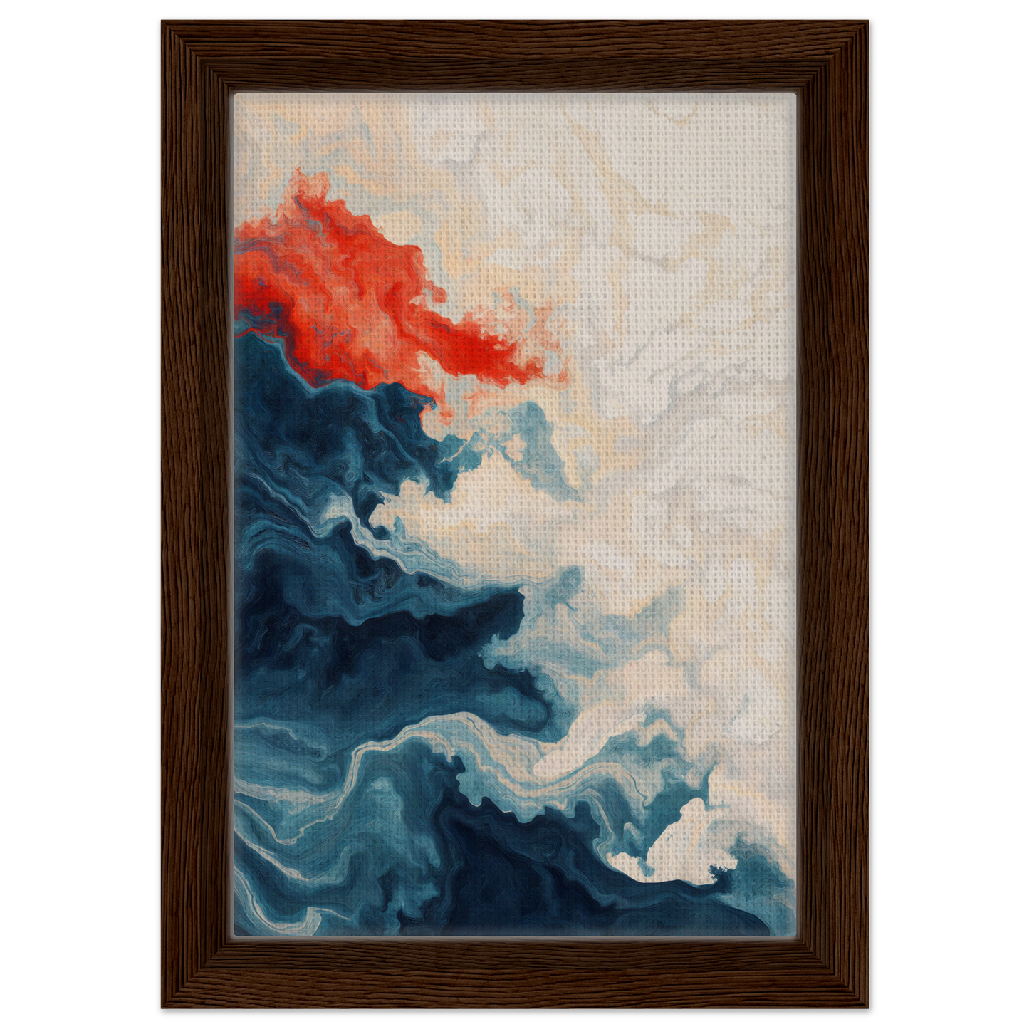 Abstract painting with swirling blue and red shapes for Between Whirling Edges framed canvas print