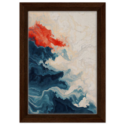 Abstract painting with swirling blue and red shapes for Between Whirling Edges framed canvas print