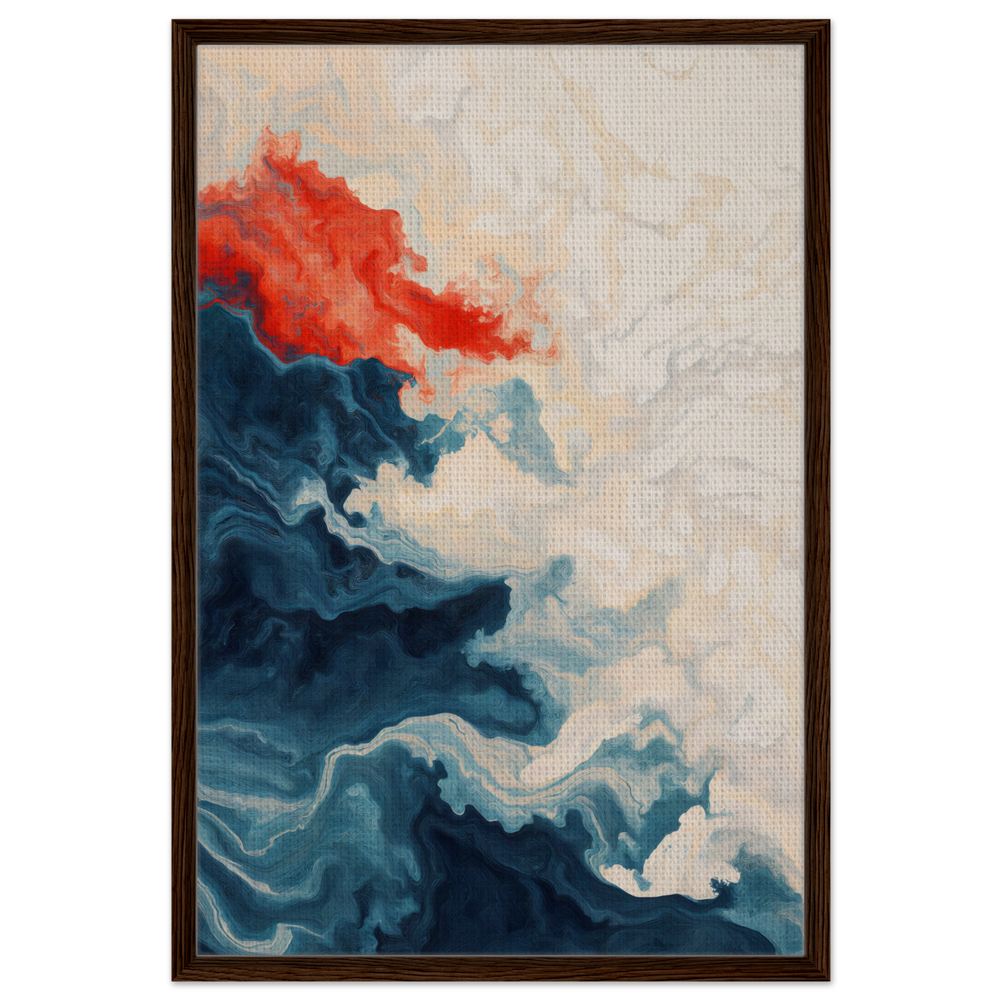 Abstract painting of swirling blue and red shapes in Between Whirling Edges framed canvas print