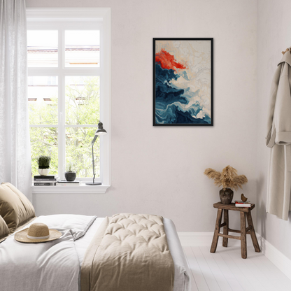 Bedroom featuring a white color scheme and framed canvas print from Between Whirling Edges