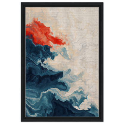 Abstract painting with swirling blue and orange shapes for Between Whirling Edges room decor