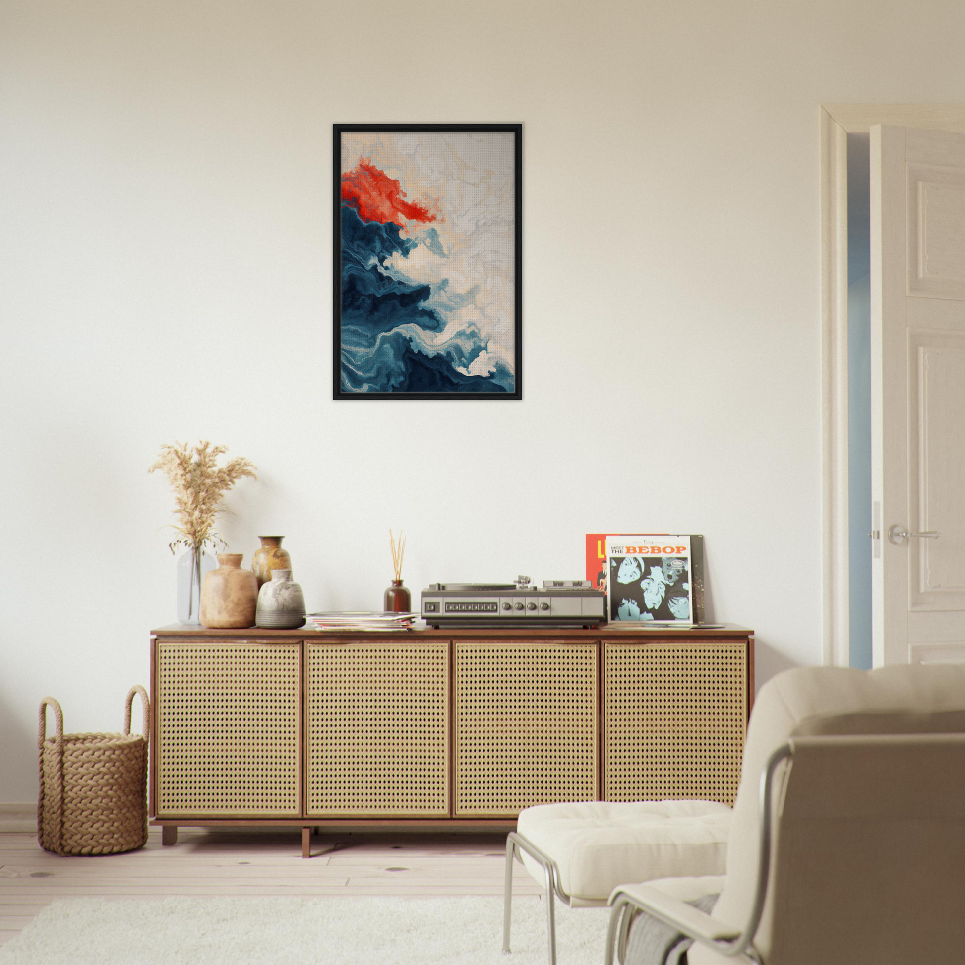 Wooden sideboard with cane-webbed doors enhancing Between Whirling Edges room decor