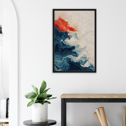 Abstract painting of swirling blue and red hues for Between Whirling Edges room decor