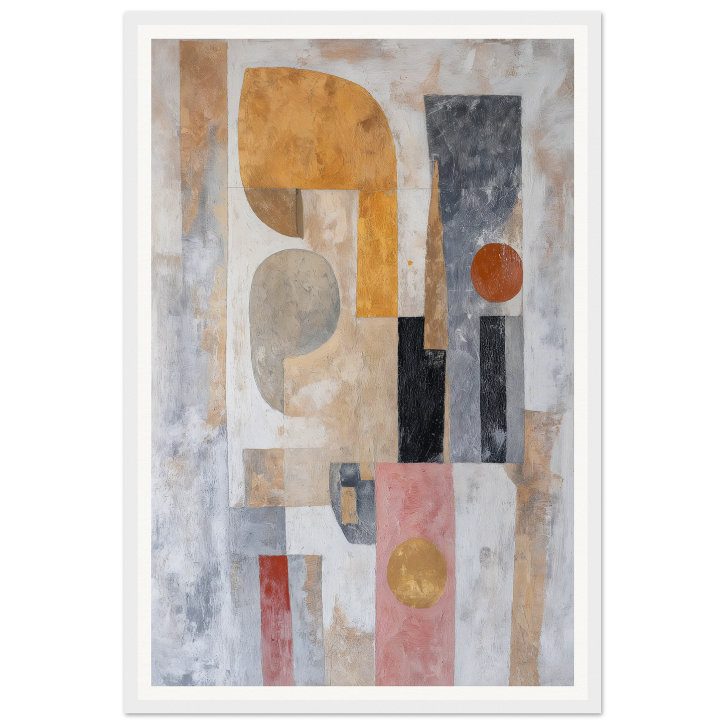 Framed wall art of abstract geometric shapes in muted colors.