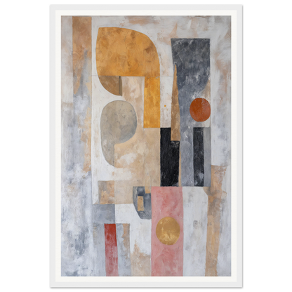 Framed wall art of abstract geometric shapes in muted colors.