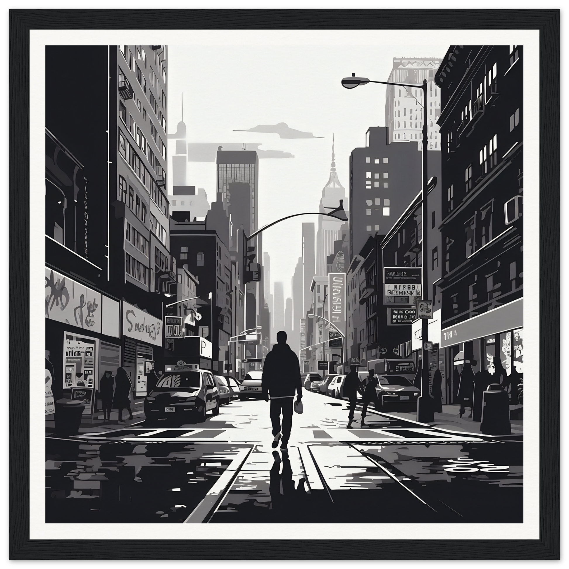 Silhouetted figure walking alone on a city street in Solitude Charms Silhouettes art