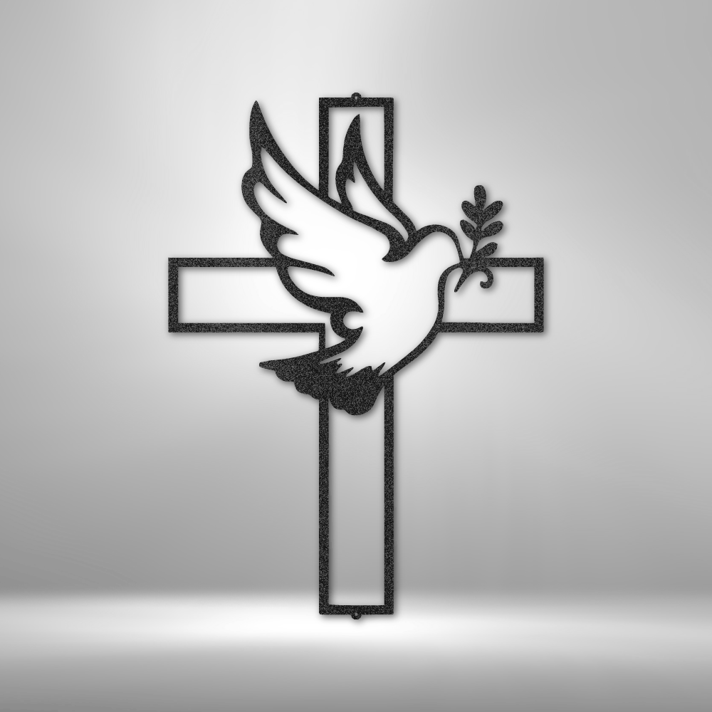 Cross with a dove carrying an olive branch overlaid on it.