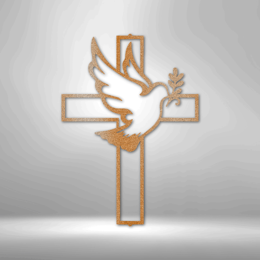 Golden cross with a white dove carrying an olive branch.