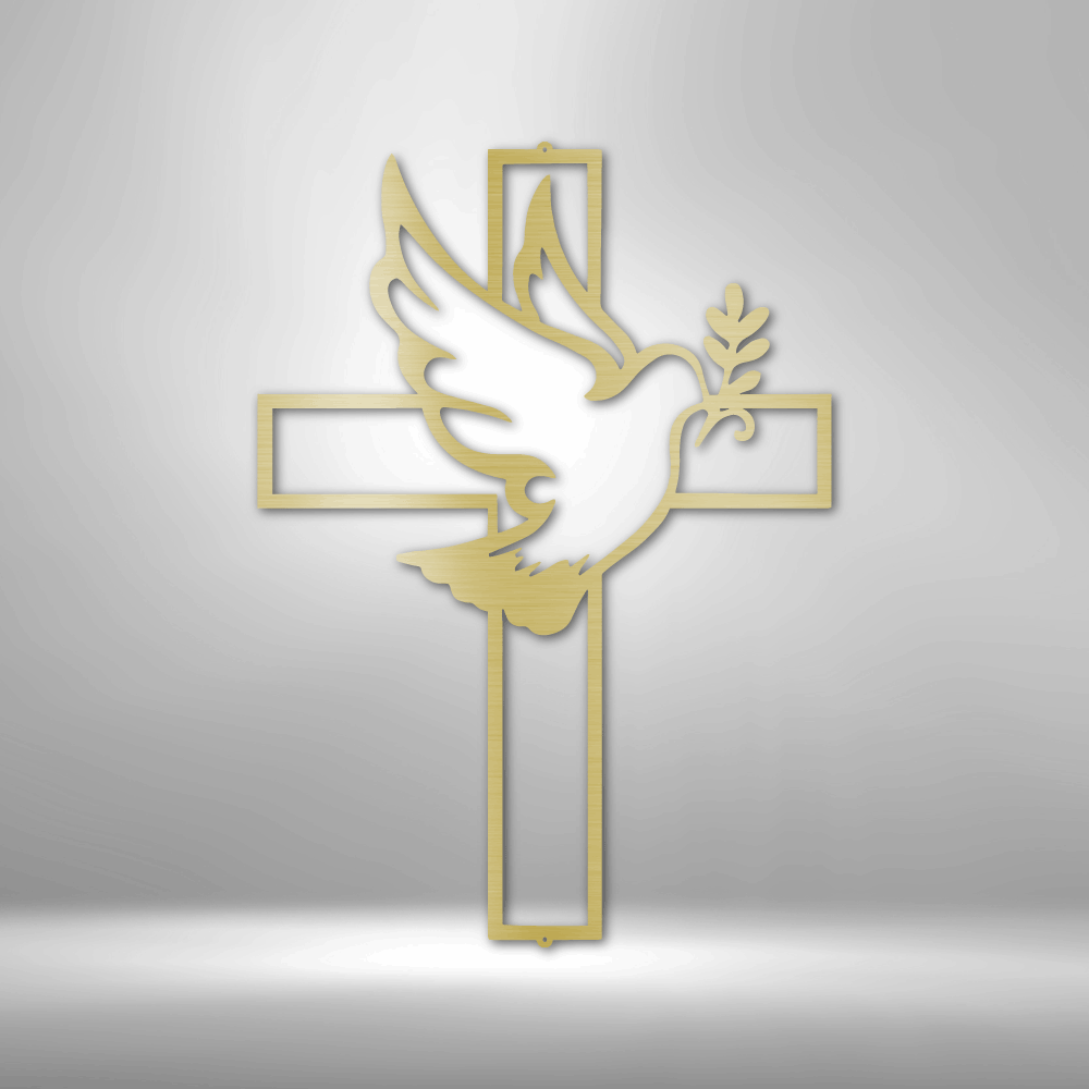 Golden cross with a dove carrying an olive branch overlaid on it.