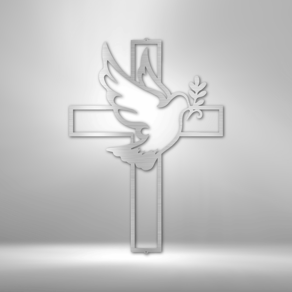 Cross with a dove and olive branch symbol overlaid.