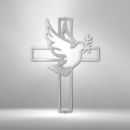 Cross with a dove and olive branch symbol overlaid.